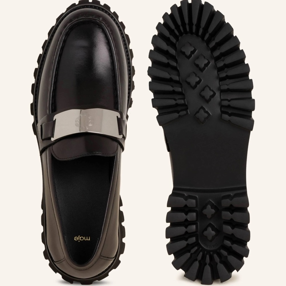 Maje Black Leather Silver Placard Lug Platform Apron Toe Loafers